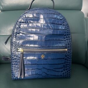 Tory Burch Blue Croc-Embossed Backpack with Gold Accents